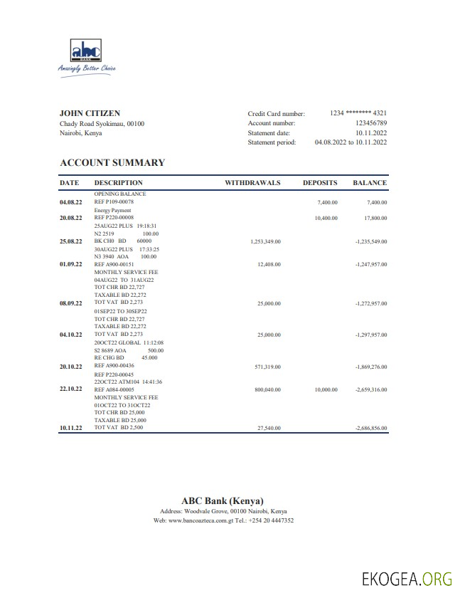 Relevé bancaire ABC du Kenya xls